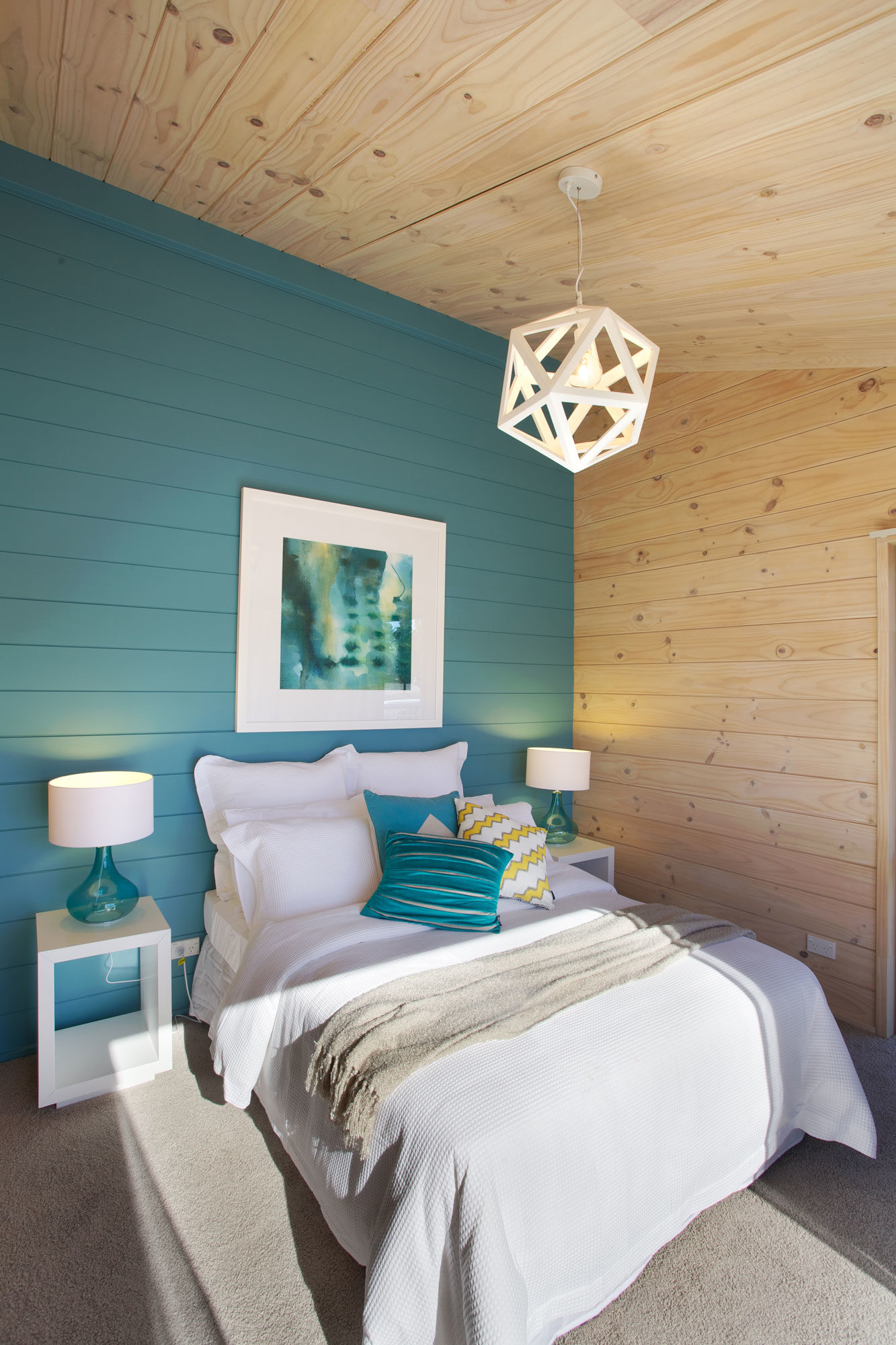 ‘Huka Falls Blue’ painted feature wall in a Lockwood