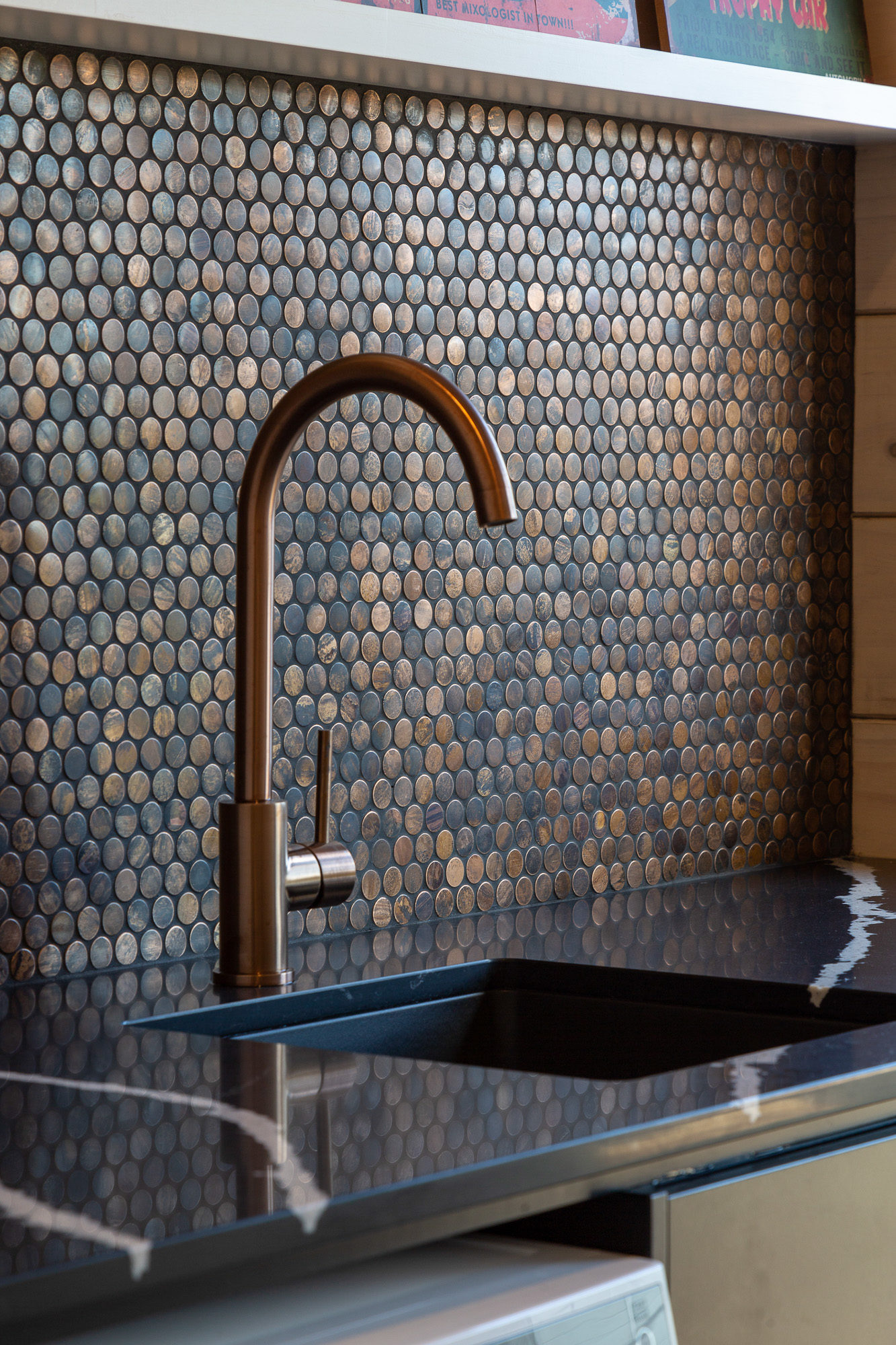 Copper penny tile splashback idea